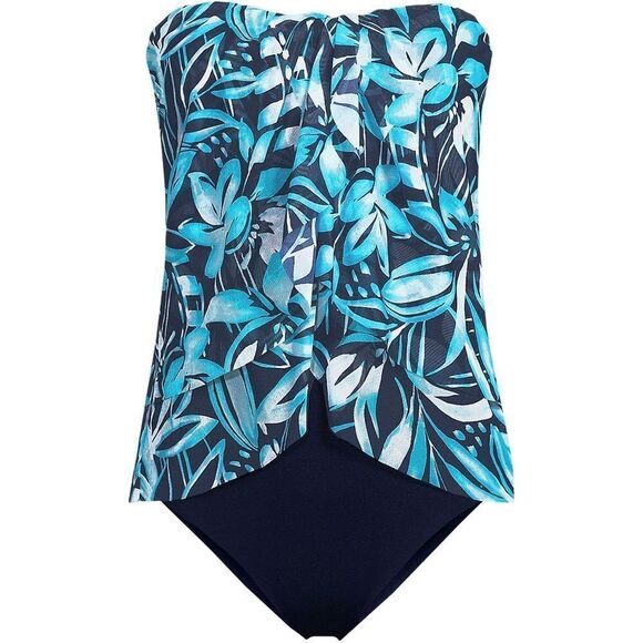 Land's End 1 Piece Bandeau high leg mesh Fauxkini Navy Graphic Floral Print Var - Picture 1 of 11